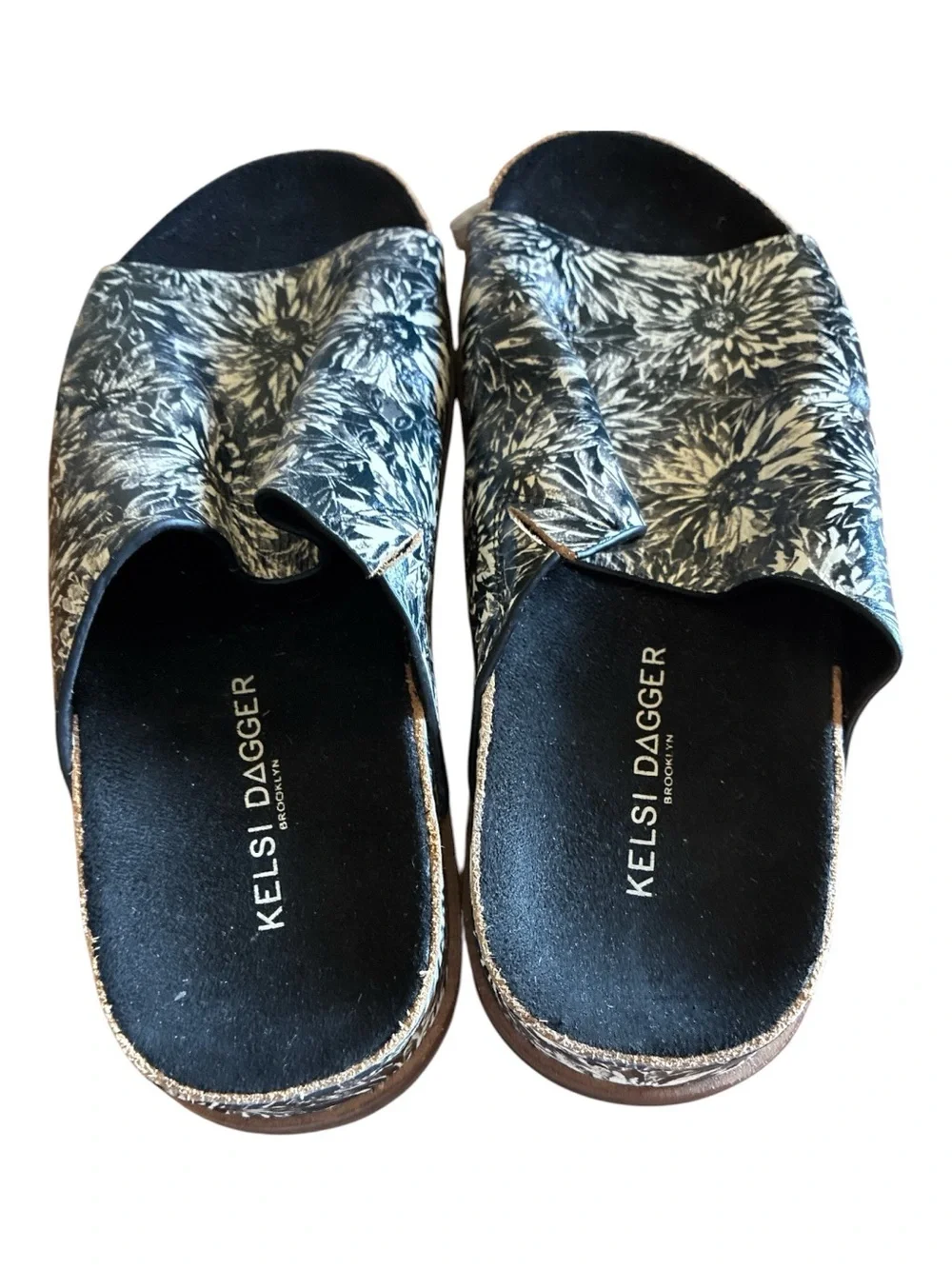 Kelsi Dagger Black and Cream Floral Slide Sandals